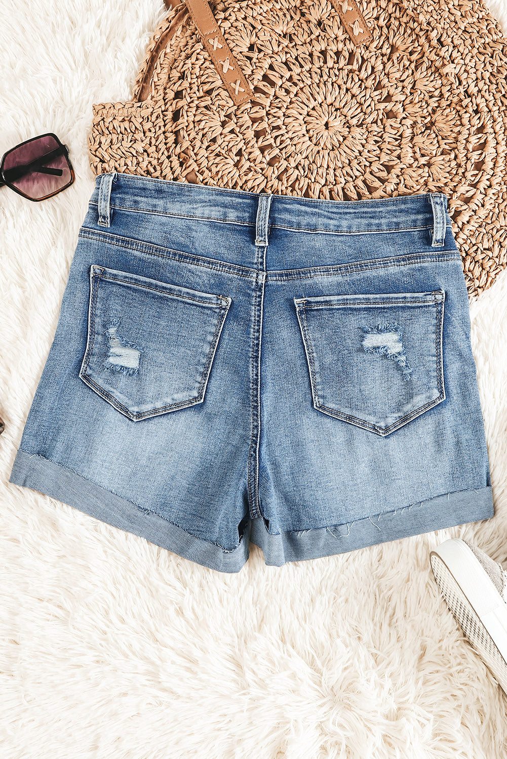 Light Blue Button Fly Distressed High Rise Denim Shorts - Bellisima Clothing Collective