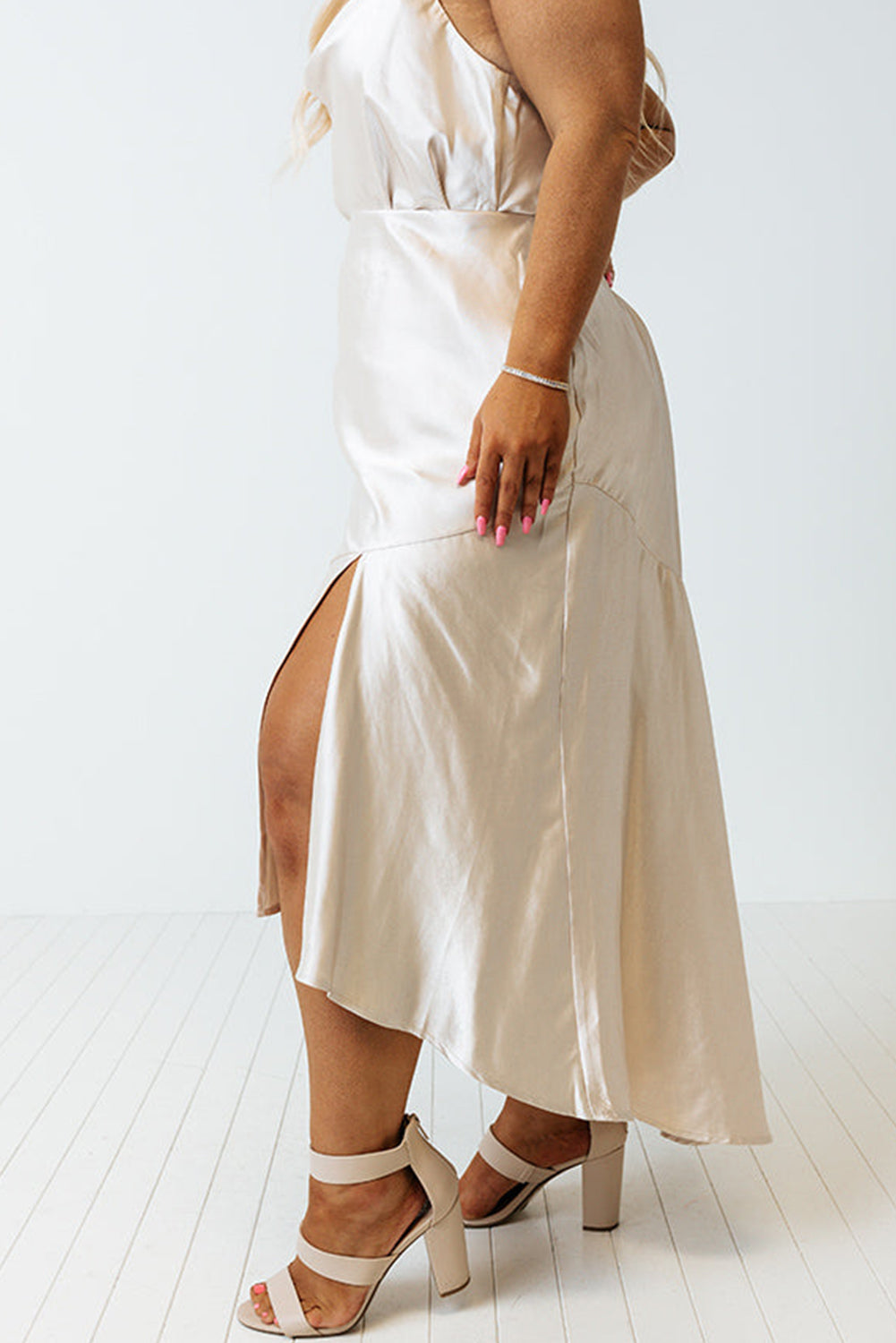 Beige Satin Split Ruffled High Waist Plus Size Skirt - Bellisima Clothing Collective