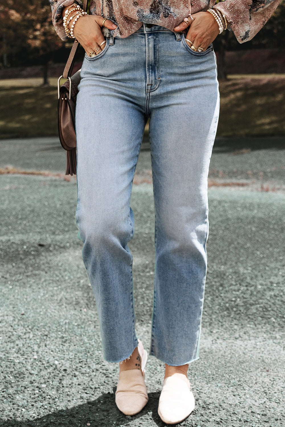 Light Blue Raw Hem Straight Jeans - Bellisima Clothing Collective