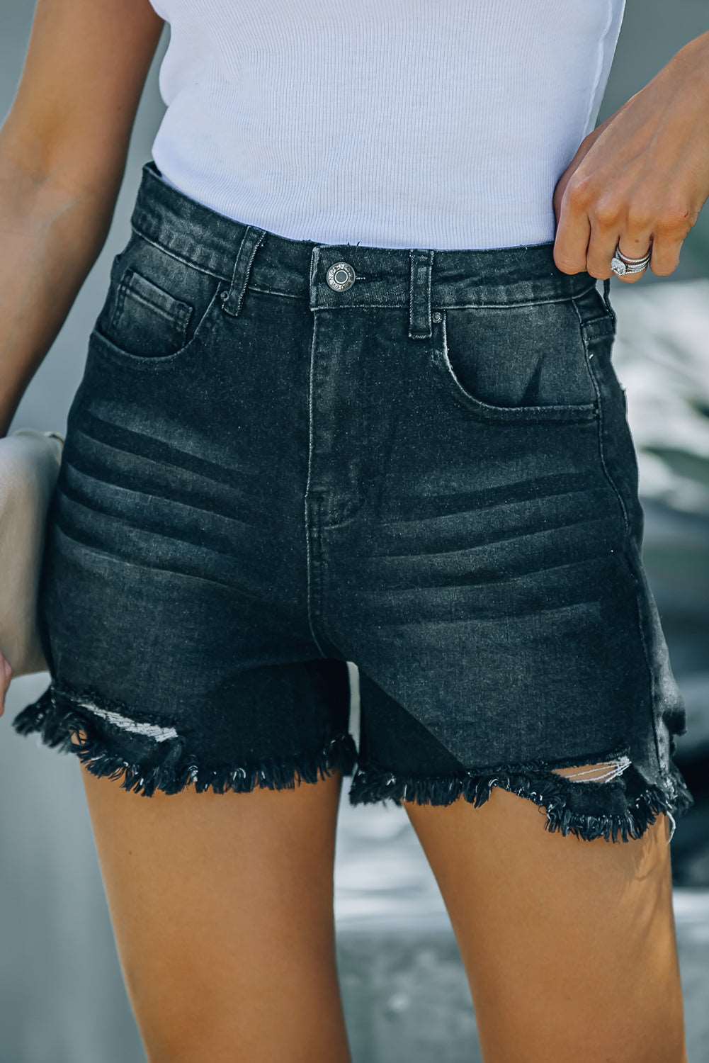 Black Casual Frayed High Waisted Denim Shorts - Bellisima Clothing Collective