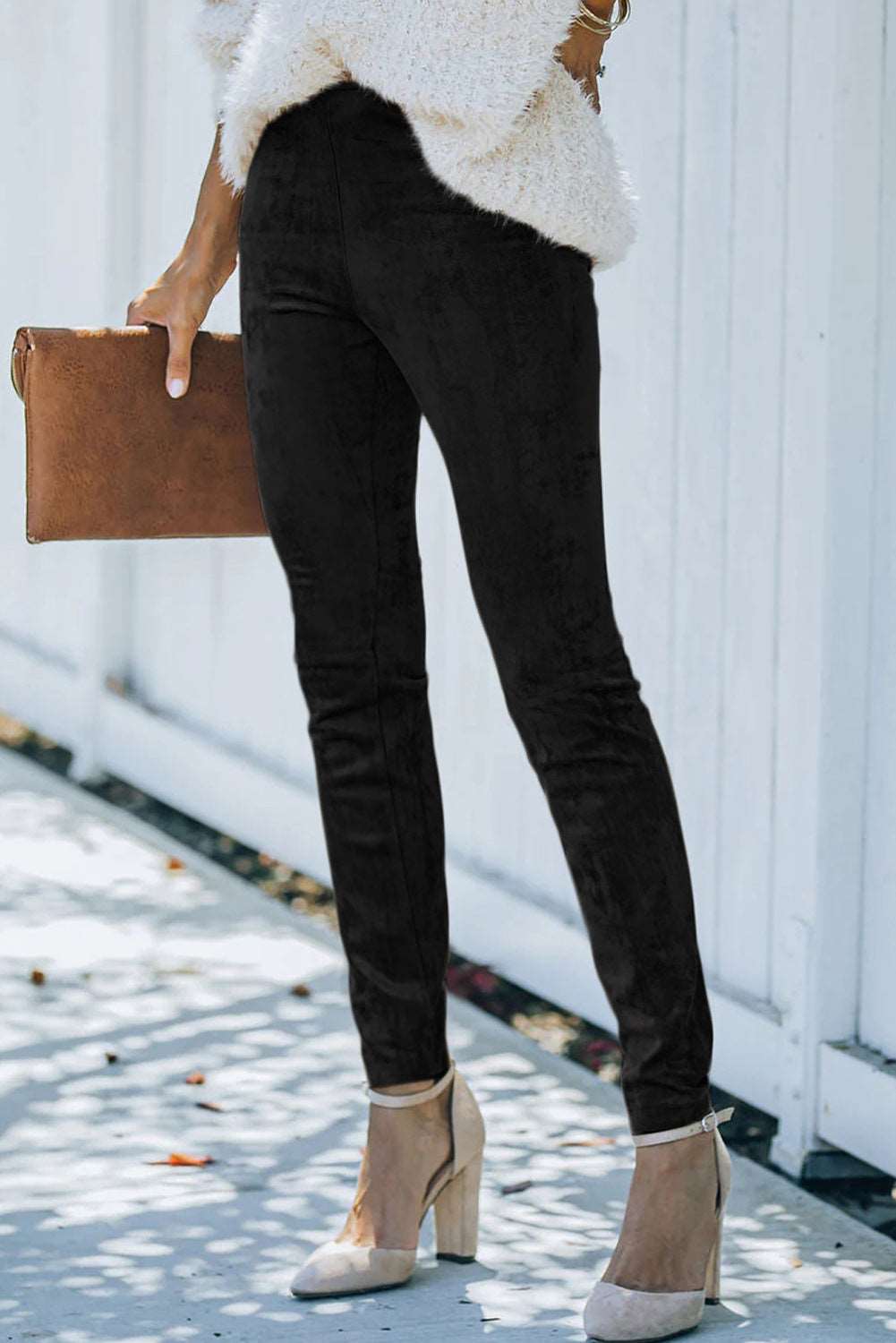 Black Mid Rise Faux Suede Skinny Leggings - Bellisima Clothing Collective