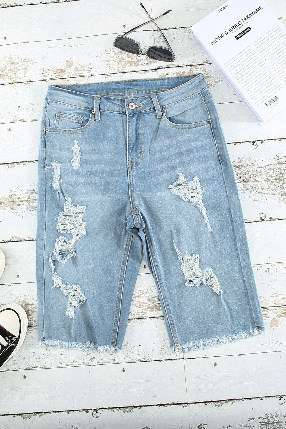 Light Blue Distressed Ripped Denim Bermuda Shorts - Bellisima Clothing Collective