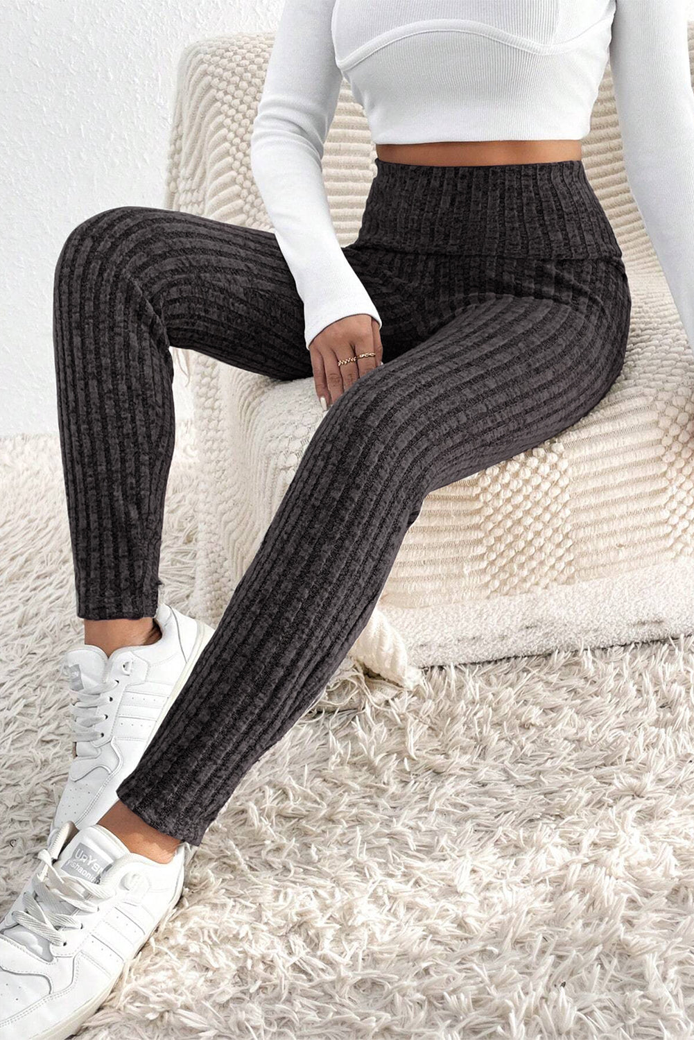 Black Wide Waistband Ribbed Textured Knit Leggings - Bellisima Clothing Collective