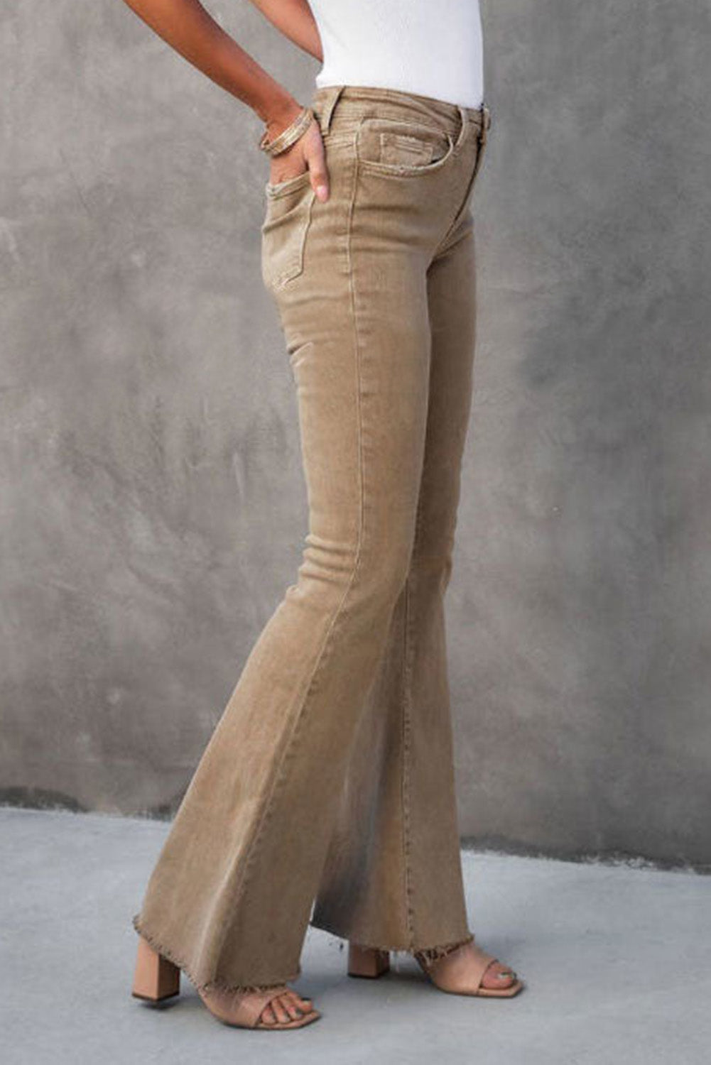 Khaki Basic Raw Hem High Waist Flare Jeans - Bellisima Clothing Collective