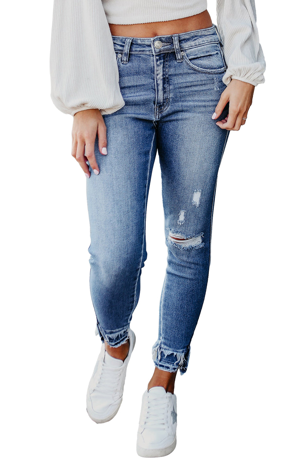 Light Blue Ripped Ankle Skinny Jeans - Bellisima Clothing Collective