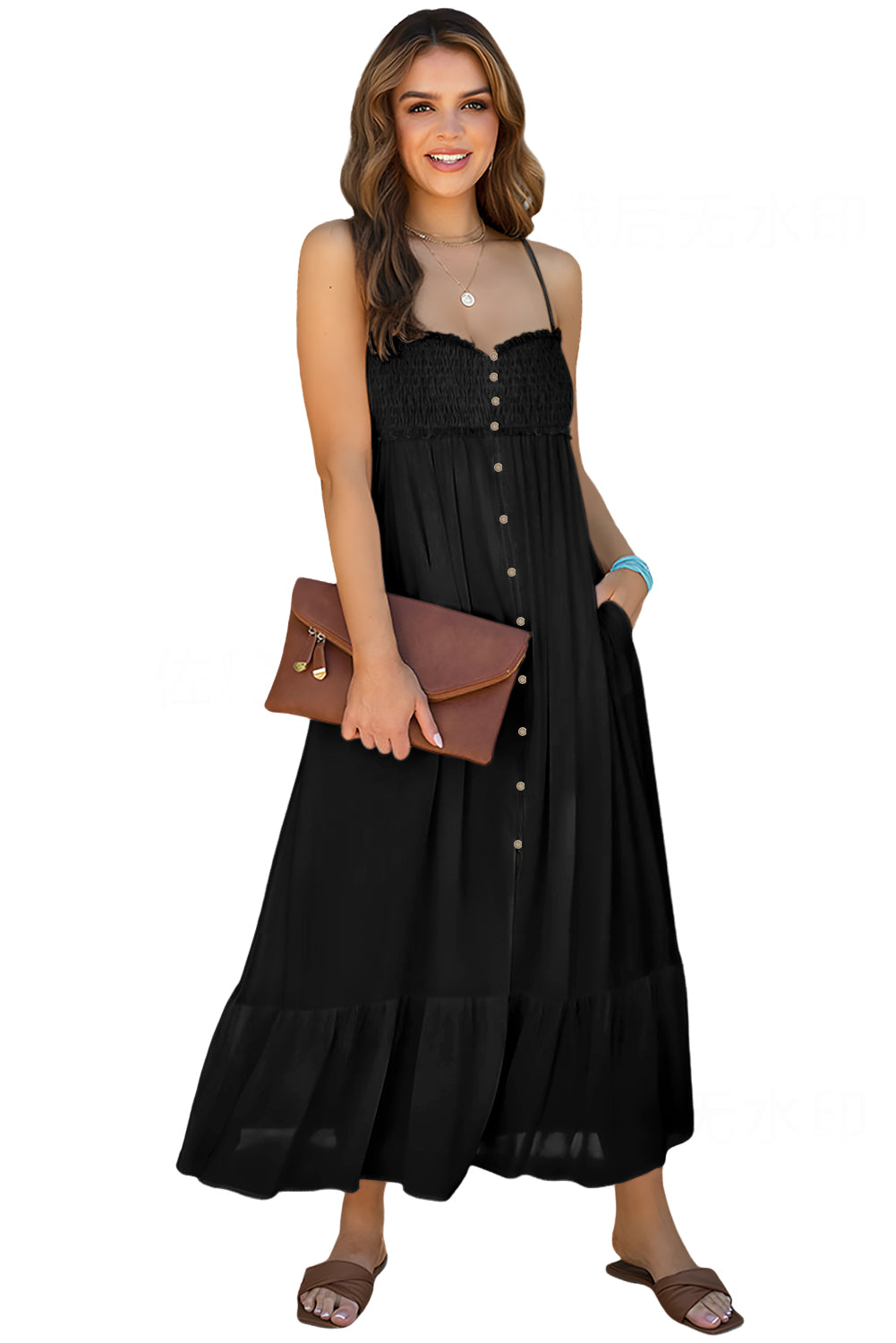 Black Smocked Button Pocketed Spaghetti Strap Maxi Dress