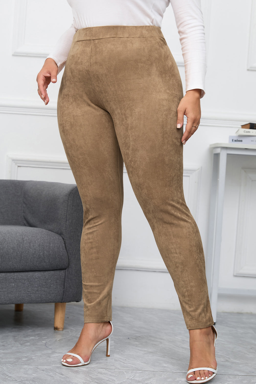 Camel Plus Size High Rise Faux Suede Skinny Pants - Bellisima Clothing Collective