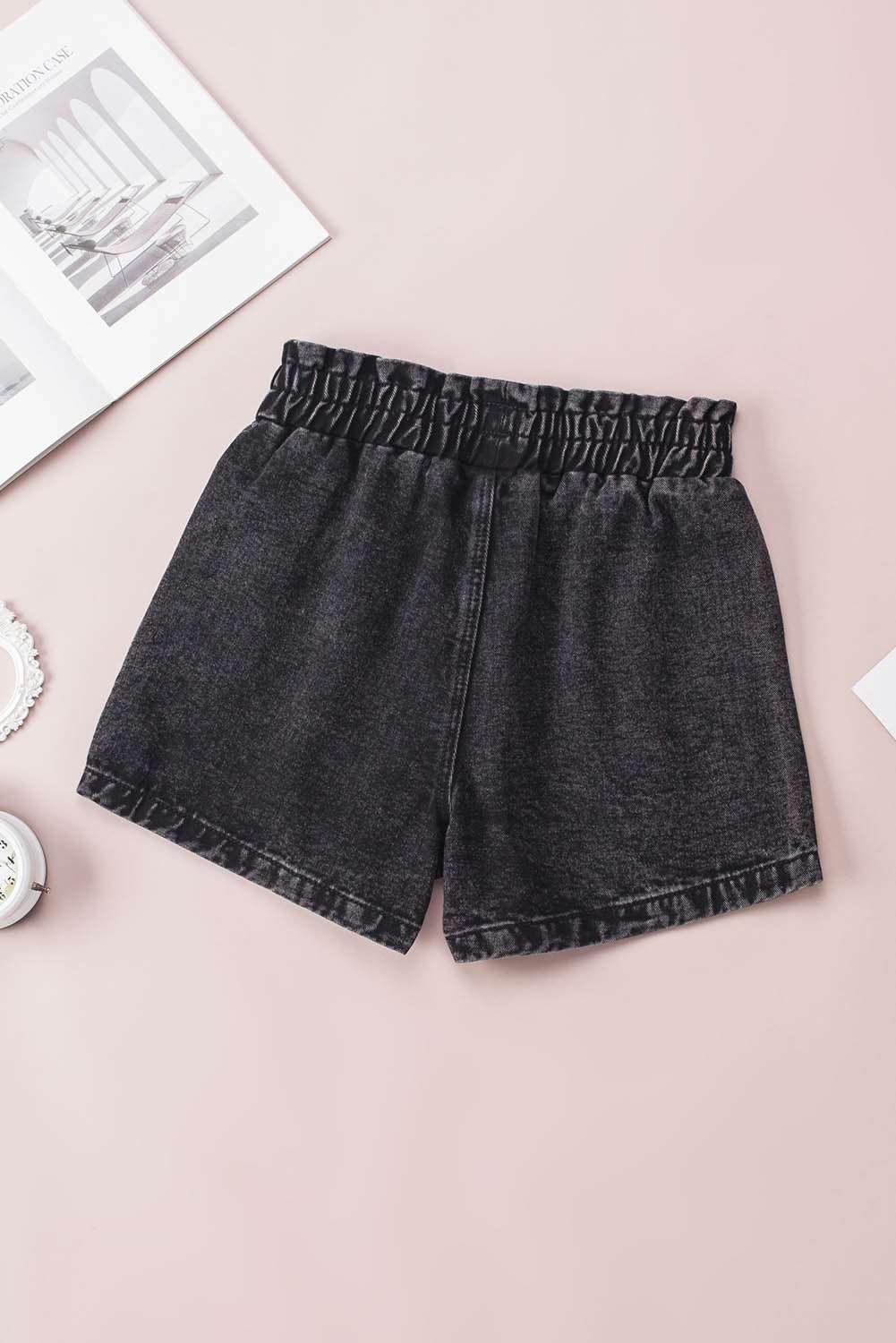 Black Bleached Casual Frill Elastic High Waist Pocket Denim Shorts - Bellisima Clothing Collective