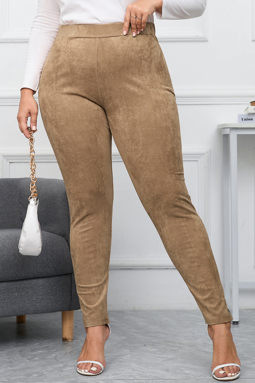 Camel Plus Size High Rise Faux Suede Skinny Pants - Bellisima Clothing Collective