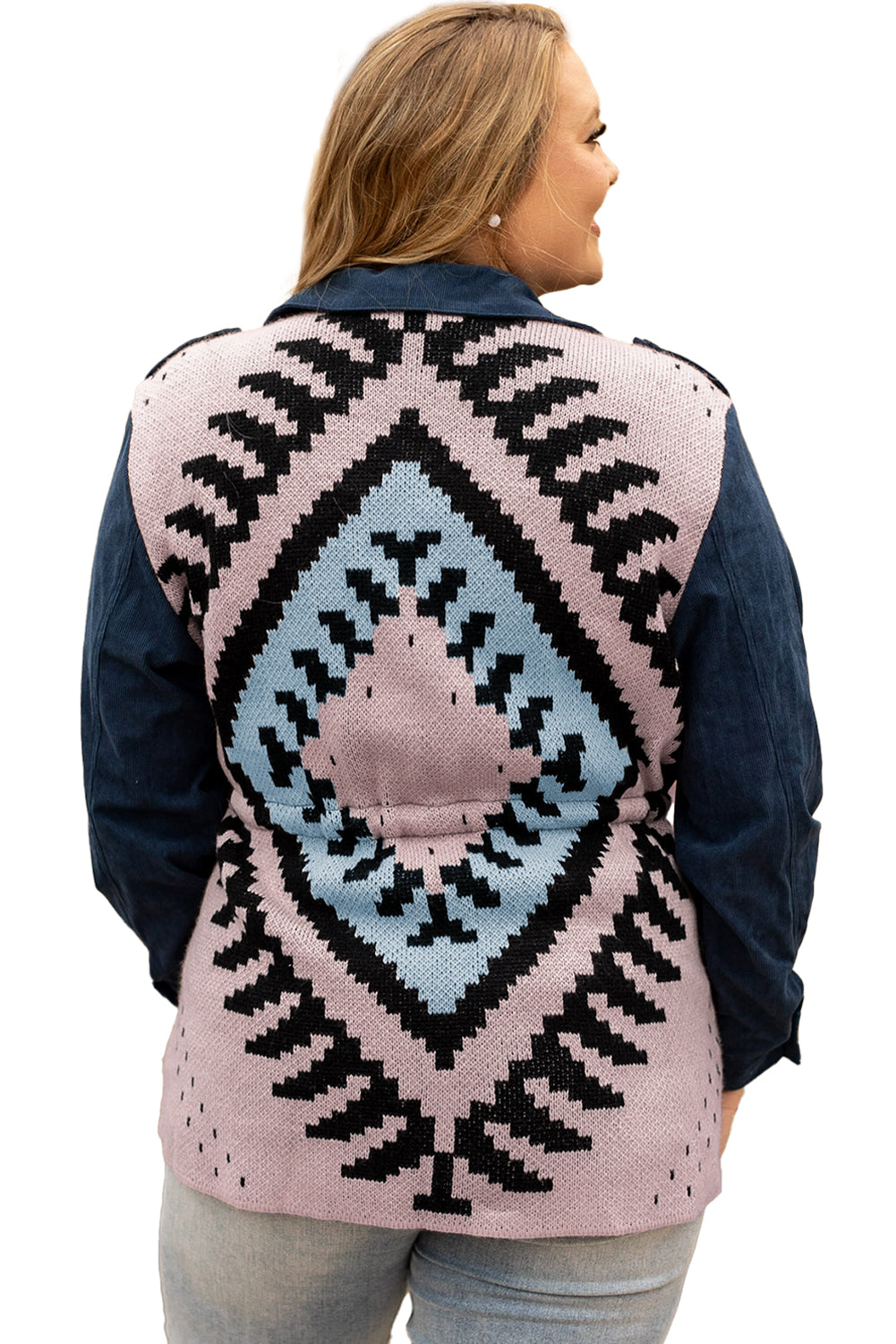 Blue Plus Size Corduroy Jacquard Knit Back Jacket - Bellisima Clothing Collective