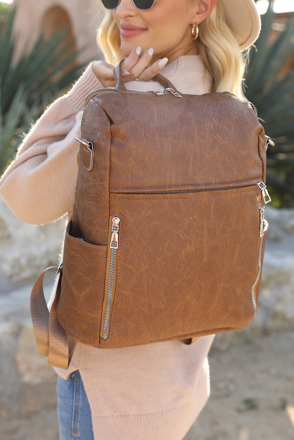 Chestnut Vintage Leather Large Zipper Backpack - Bellisima Clothing Collective