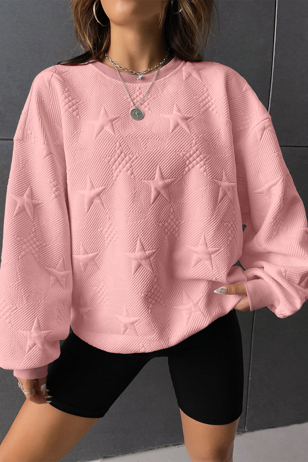 Black Star Embossed Textured Drop Shoulder Sweatshirt - Bellisima Clothing Collective