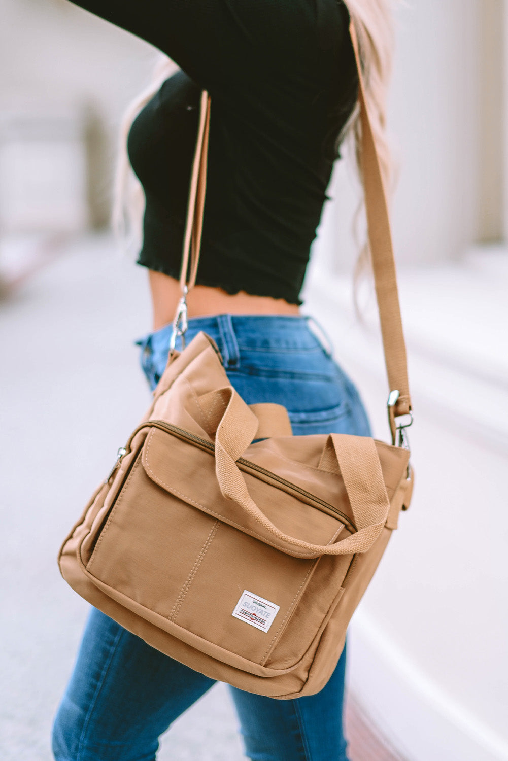 Light Beige Multi Pockets Zipped Large Canvas Shoulder Bag - Bellisima Clothing Collective