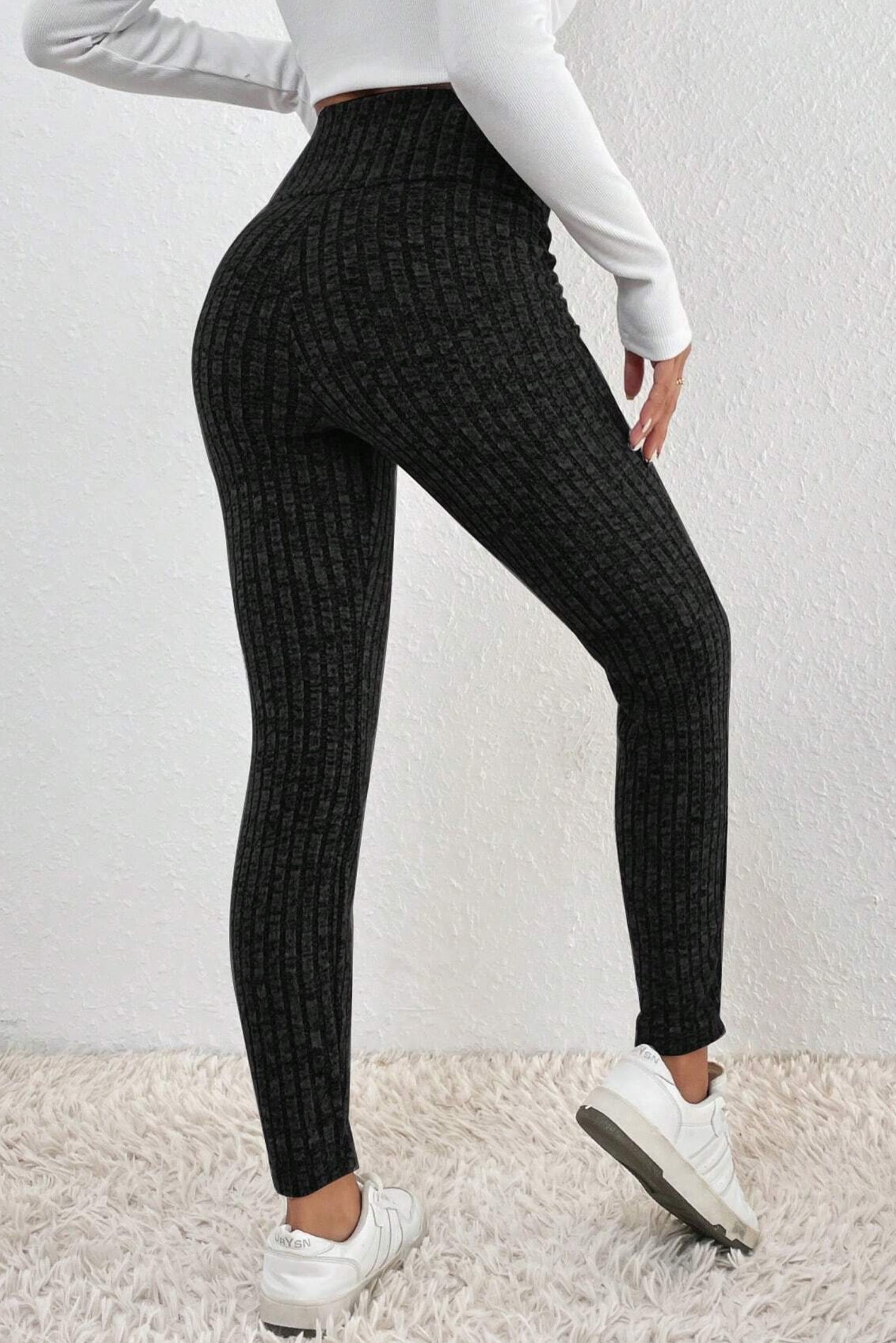 Black Wide Waistband Ribbed Textured Knit Leggings - Bellisima Clothing Collective