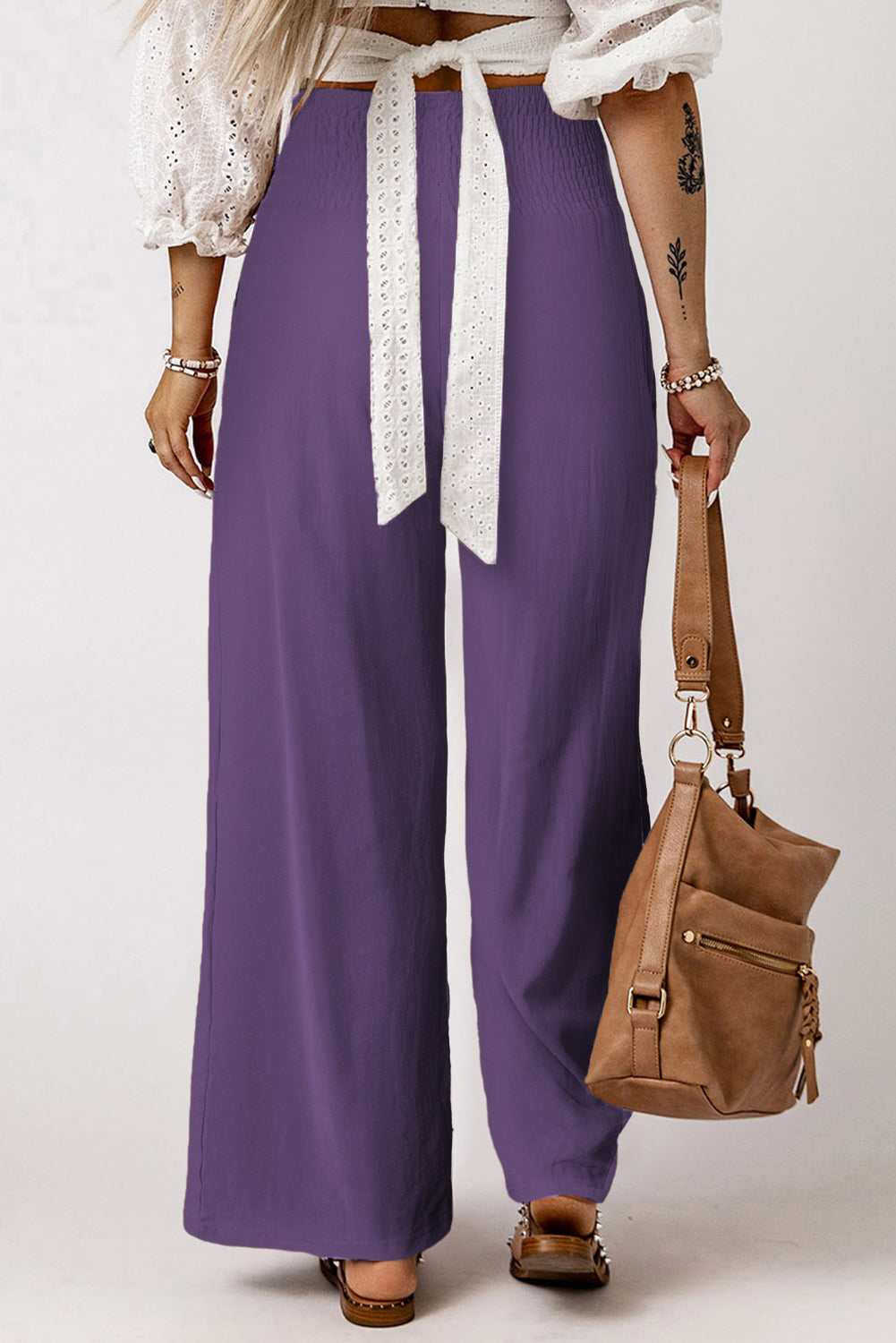 Khaki Smocked Wide Waistband High Waist Wide Leg Pants - Bellisima Clothing Collective