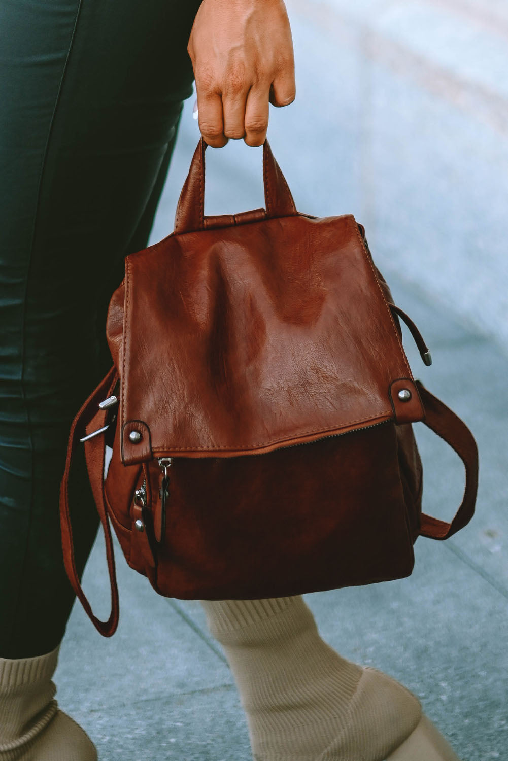 Brown Retro PU Leather Large Capacity Backpack - Bellisima Clothing Collective