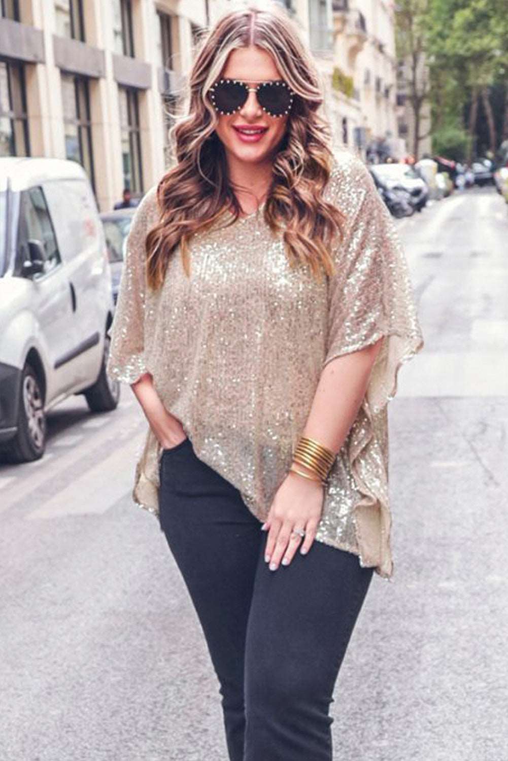 Apricot Plus Size Sequined V Neck Loose Top