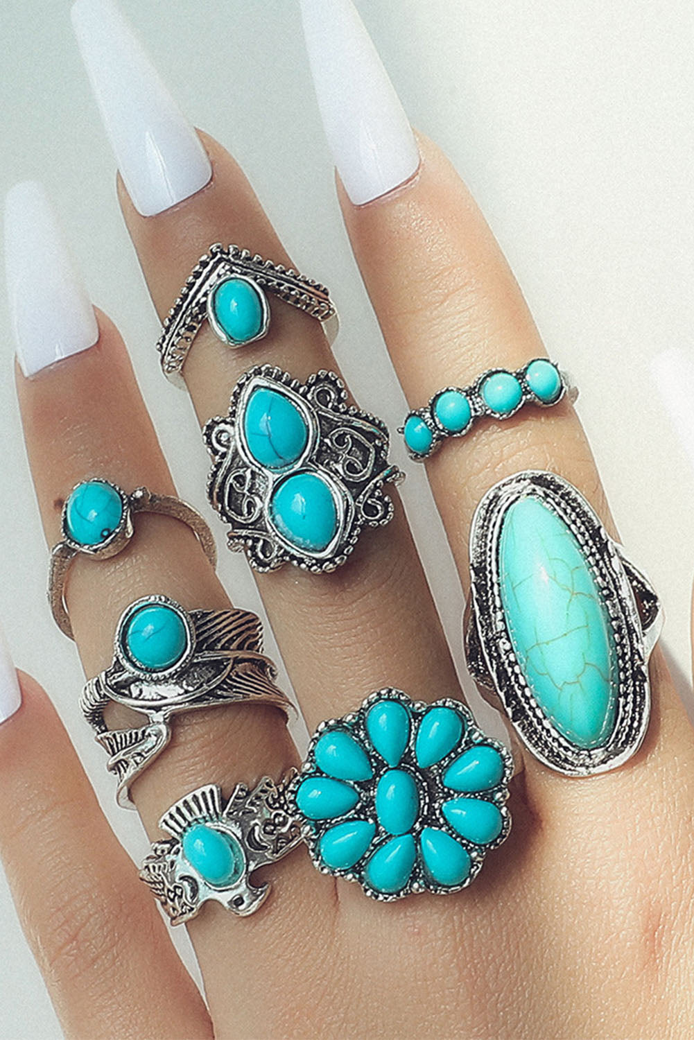 Green 8Pcs Vintage Turquoise Ring Set - Bellisima Clothing Collective