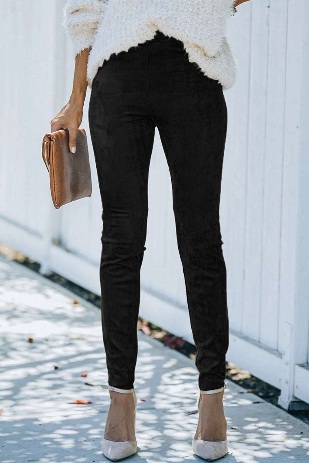 Black Mid Rise Faux Suede Skinny Leggings - Bellisima Clothing Collective