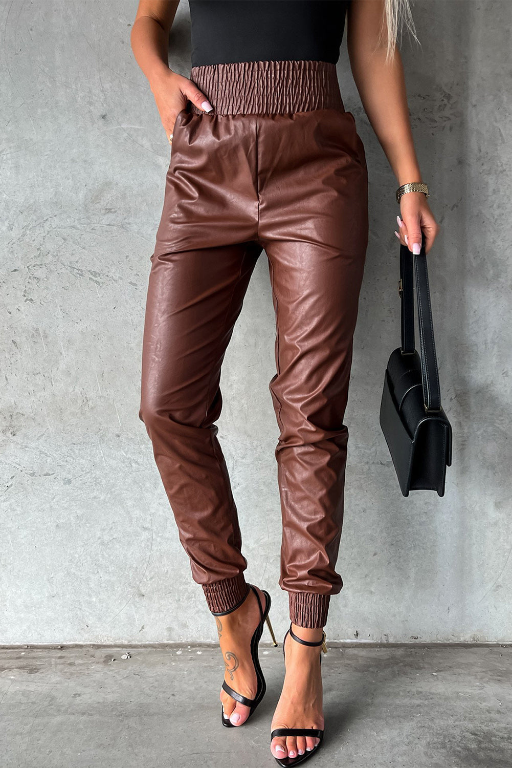 Black Smocked High Waist Leather Skinny Pants - Bellisima Clothing Collective