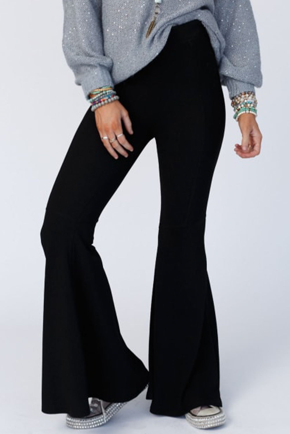 Black High Waist Ribbed Flare Leg Pants - Bellisima Clothing Collective