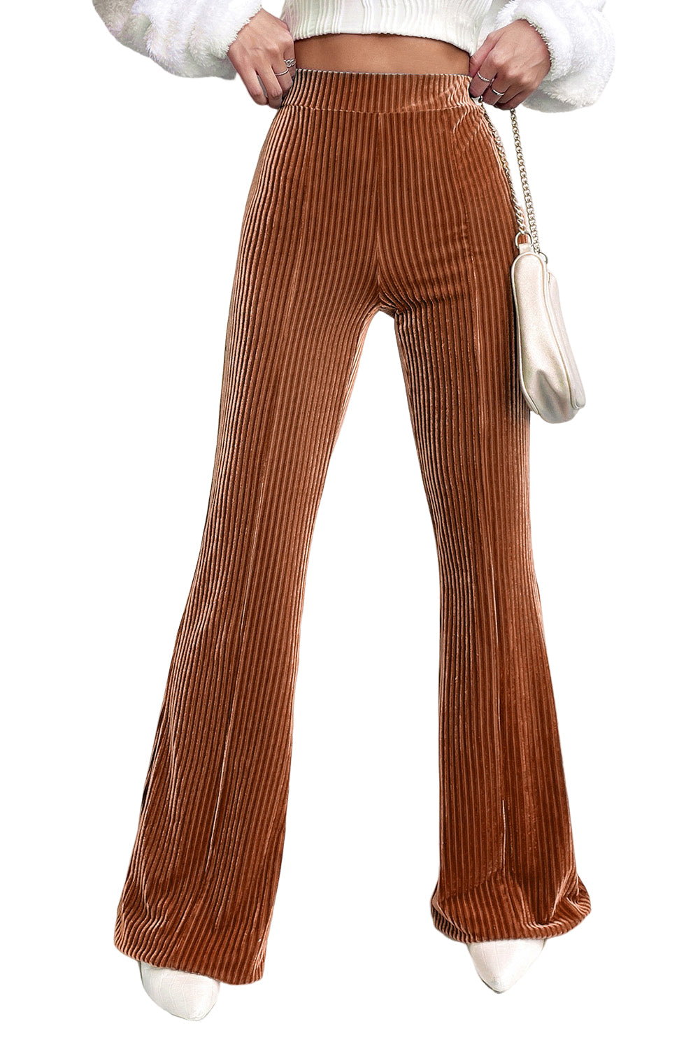 Chestnut Solid Color High Waist Corduroy Flare Pants - Bellisima Clothing Collective