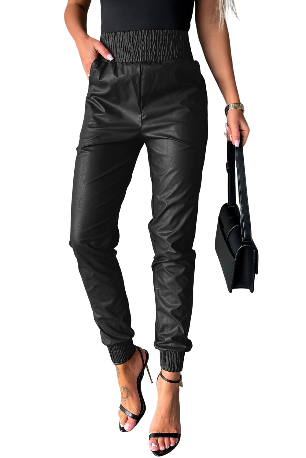 Black Smocked High Waist Leather Skinny Pants - Bellisima Clothing Collective