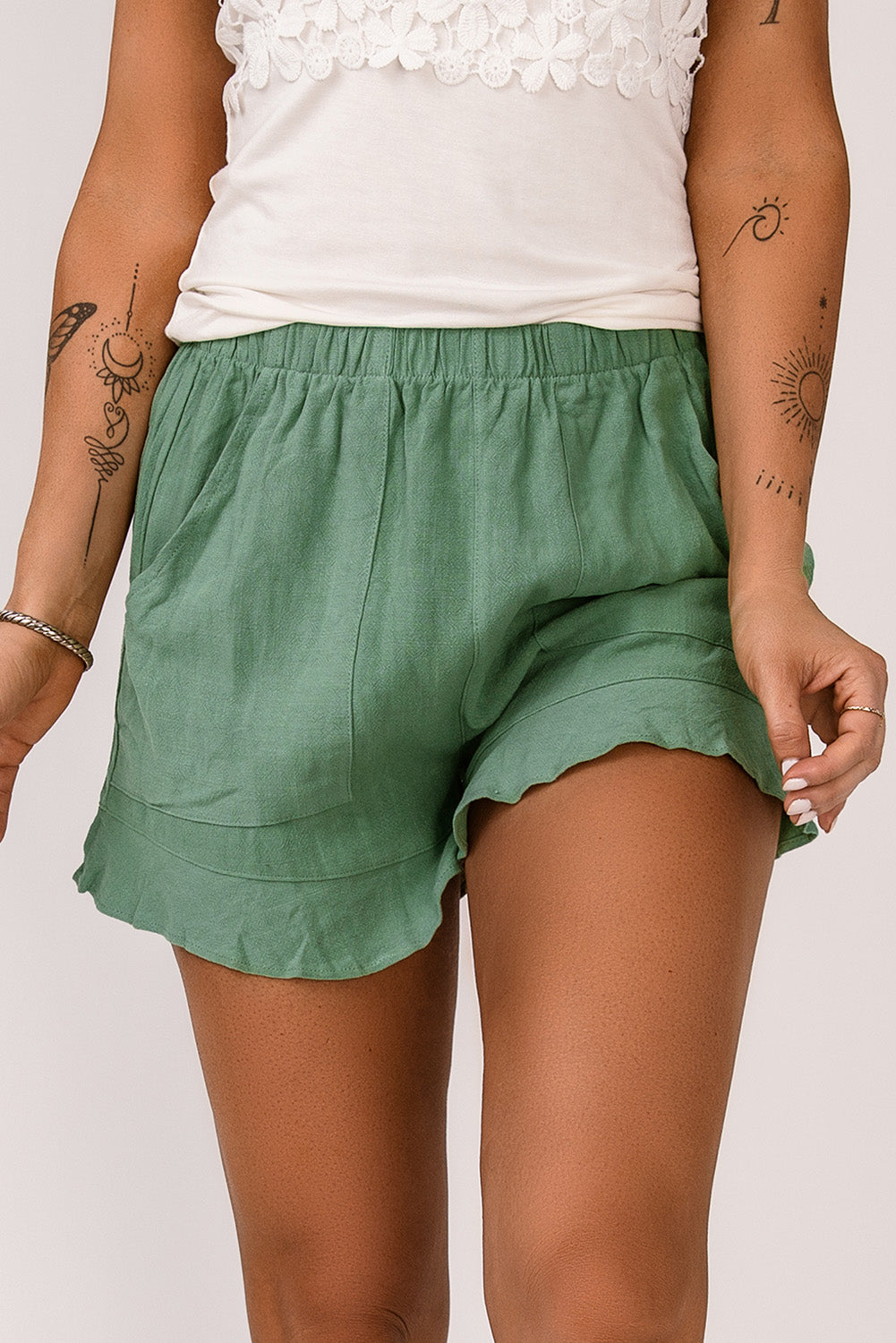 Khaki Casual Pocketed Ruffle High Waist Shorts - Bellisima Clothing Collective