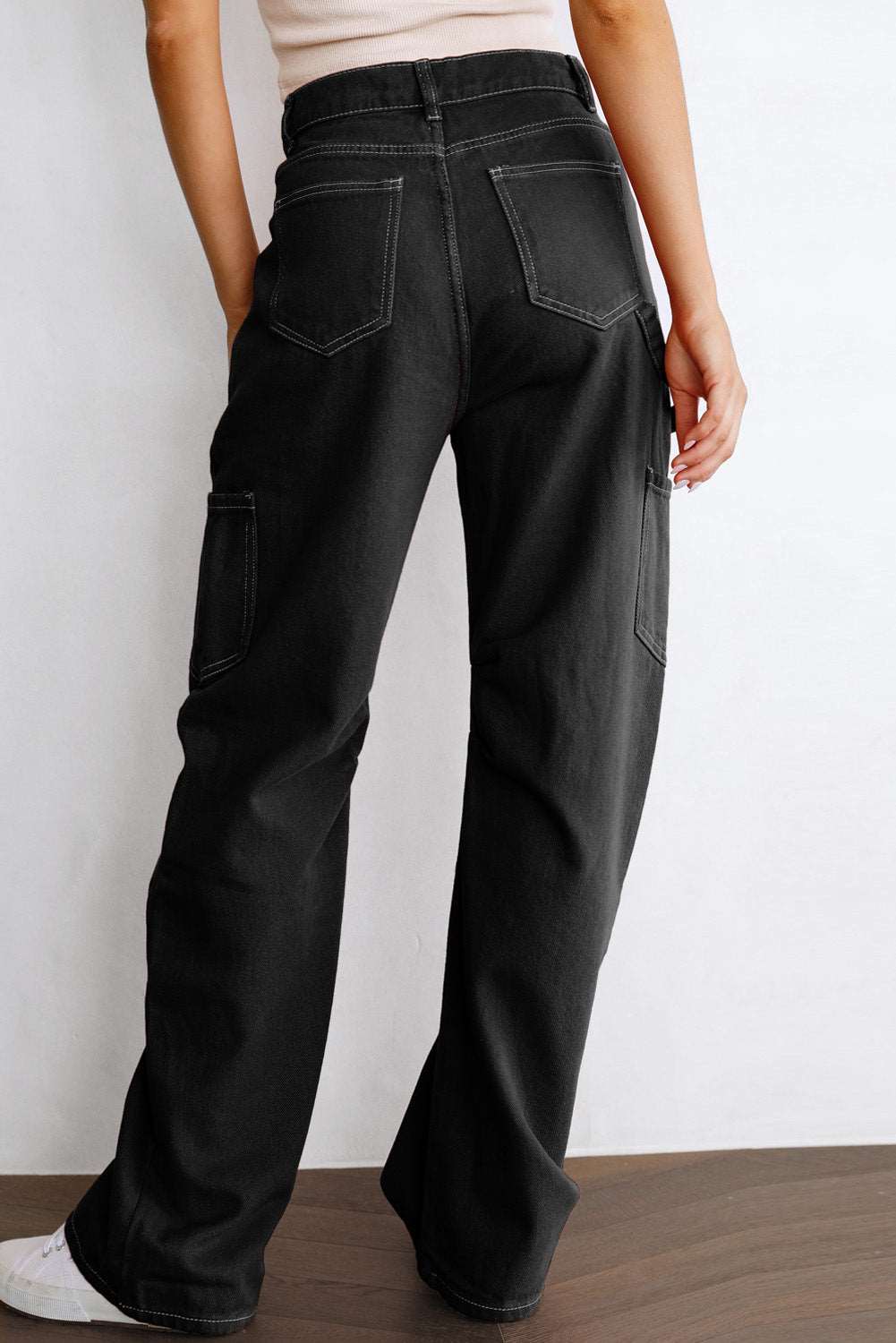 Black Denim Straight Leg High Waisted Cargo Pants - Bellisima Clothing Collective