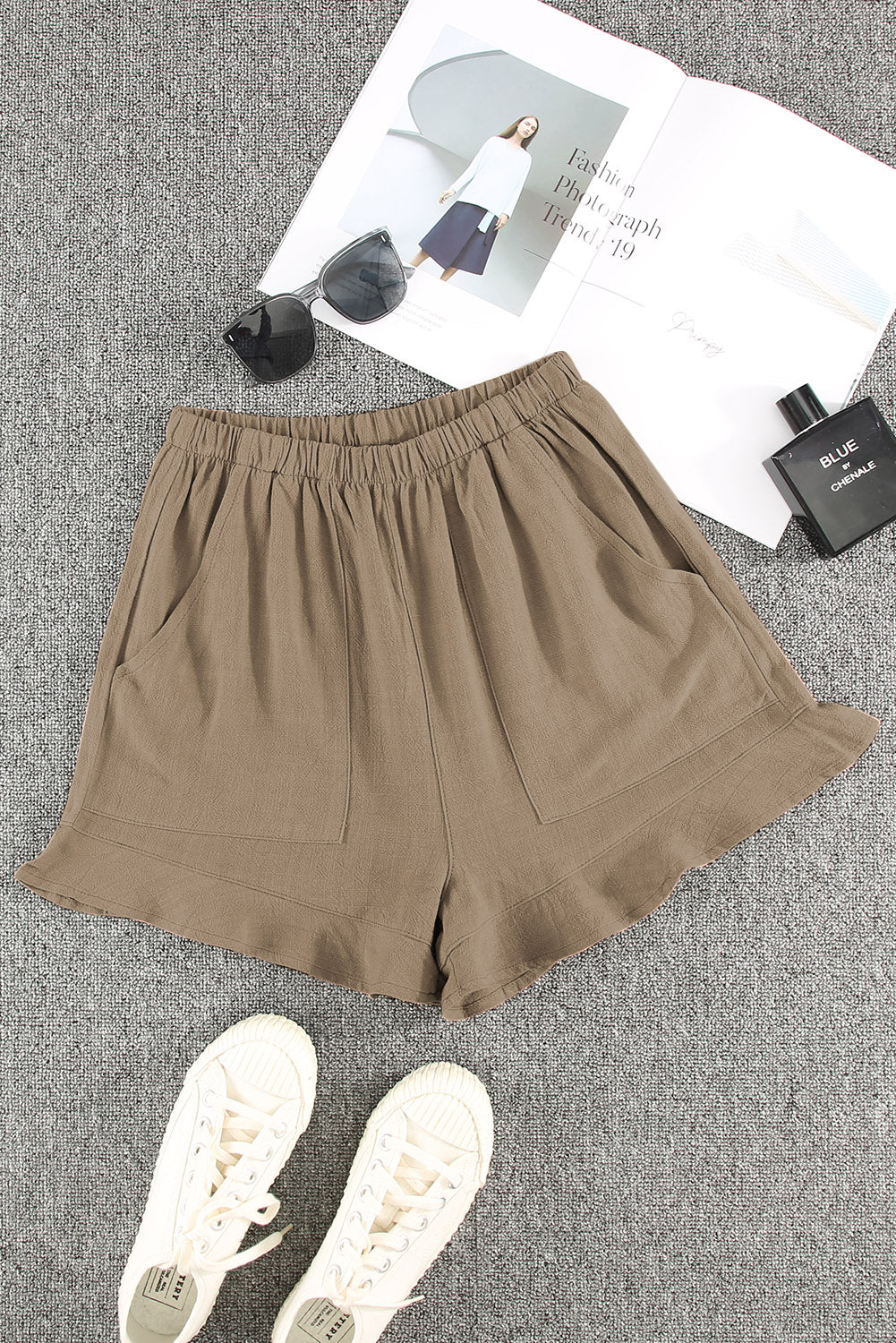 Khaki Casual Pocketed Ruffle High Waist Shorts - Bellisima Clothing Collective