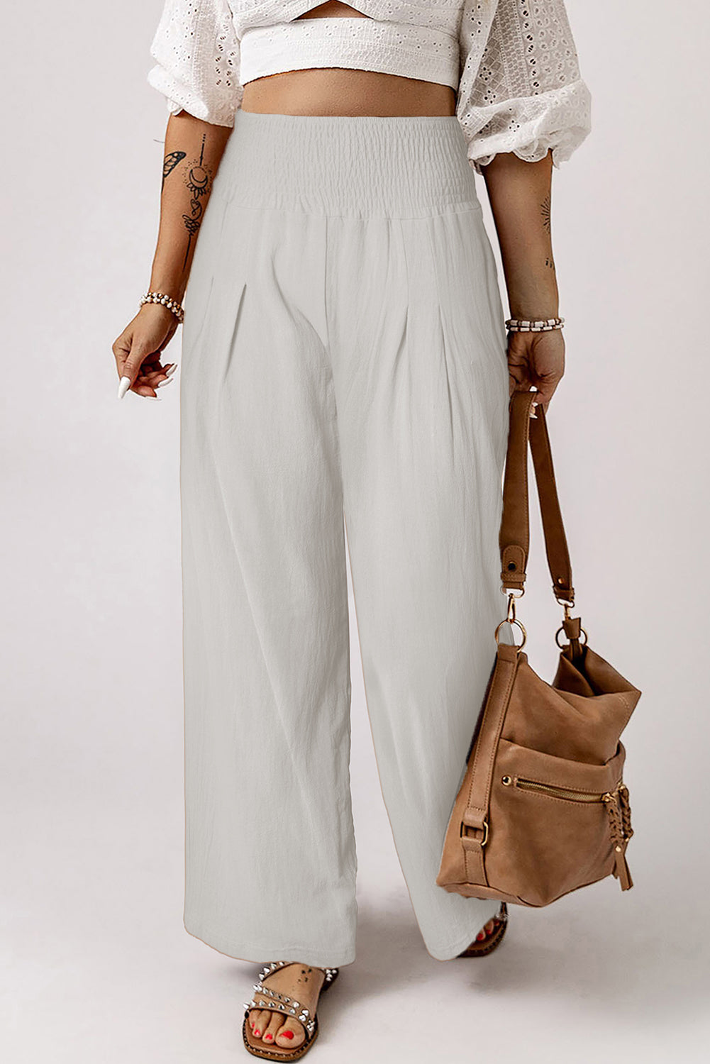 Khaki Smocked Wide Waistband High Waist Wide Leg Pants - Bellisima Clothing Collective