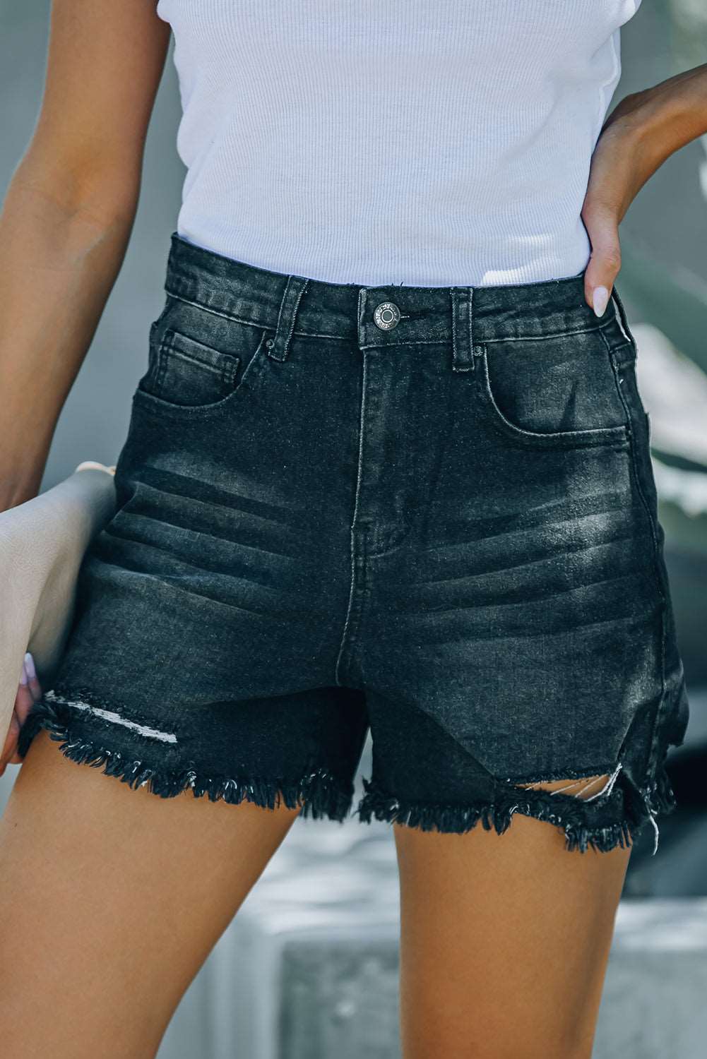 Black Casual Frayed High Waisted Denim Shorts - Bellisima Clothing Collective