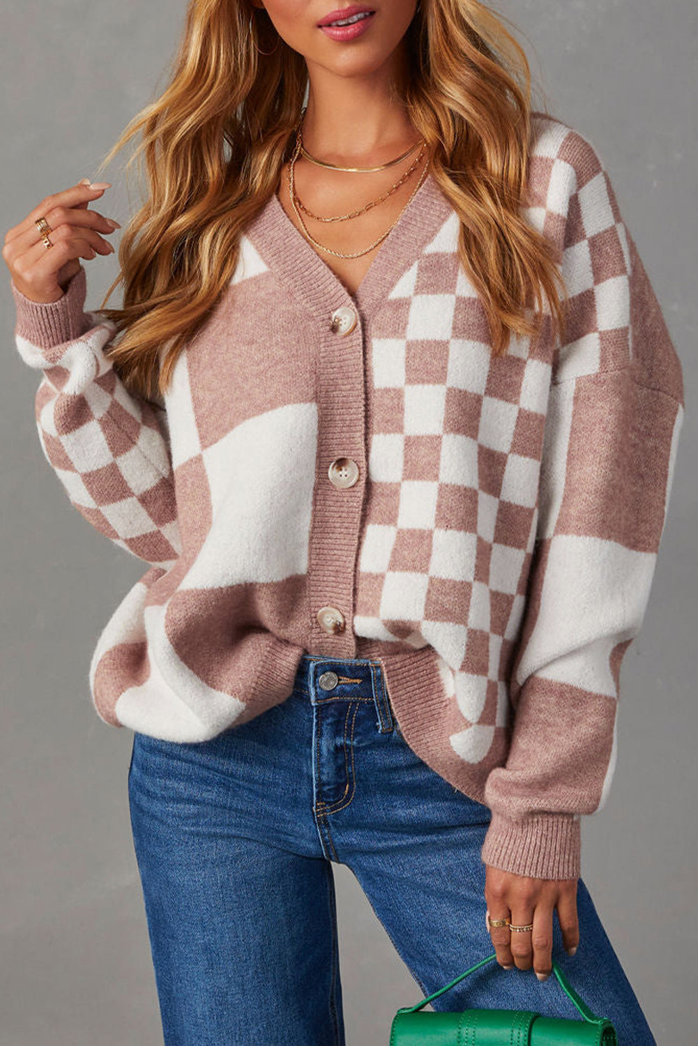 Chestnut Mix Checkered Button V Neck Knitted Cardigan - Bellisima Clothing Collective