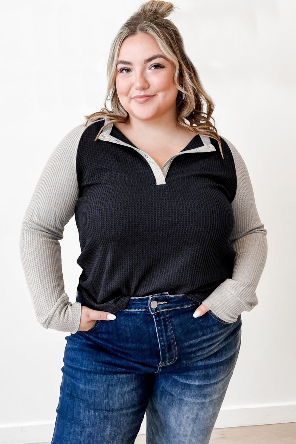 Black Plus Size Contrast Waffle Knit Henley Long Sleeve Top - Bellisima Clothing Collective