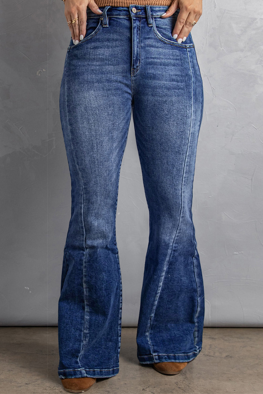 Dark Blue Plus Size Stitching Washed Flare Jeans - Bellisima Clothing Collective