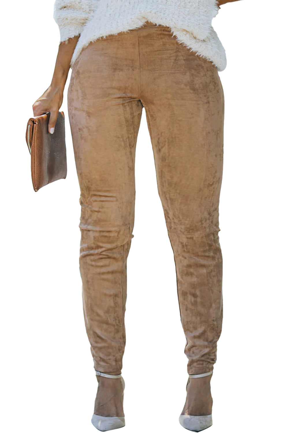 Camel Plus Size High Rise Faux Suede Skinny Pants - Bellisima Clothing Collective