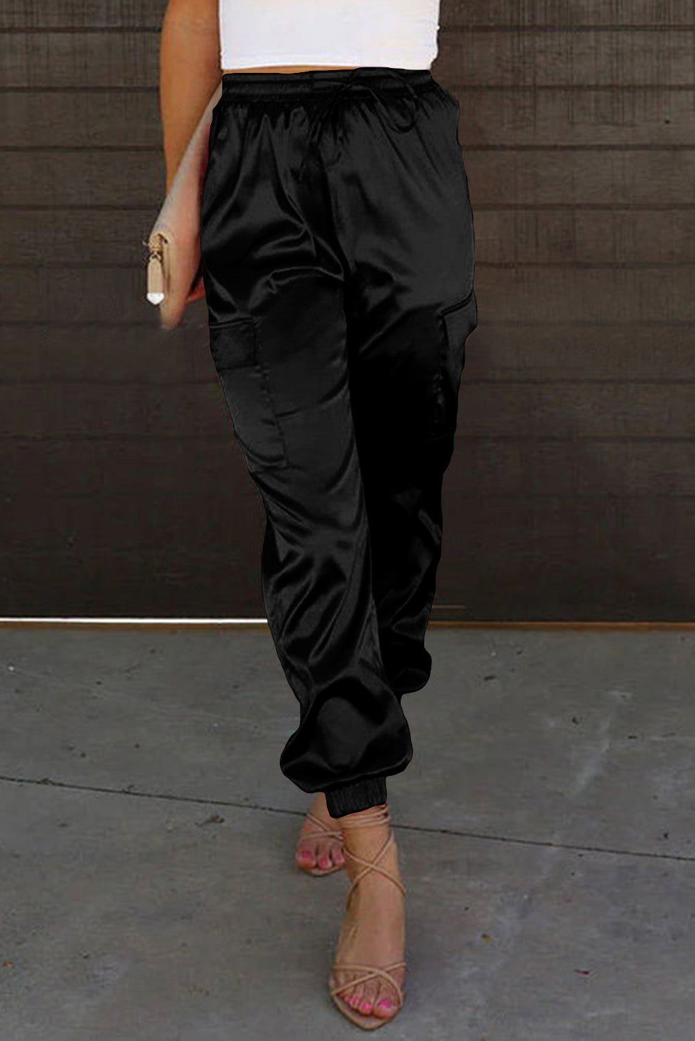 Black Satin Elastic Waist Pants - Bellisima Clothing Collective