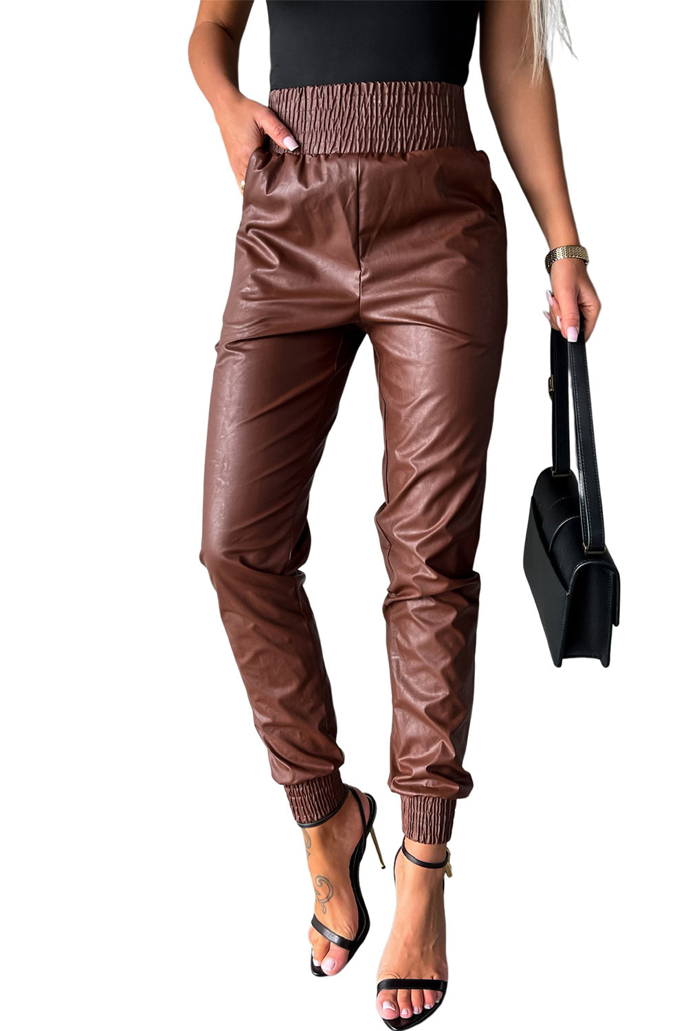 Black Smocked High Waist Leather Skinny Pants - Bellisima Clothing Collective