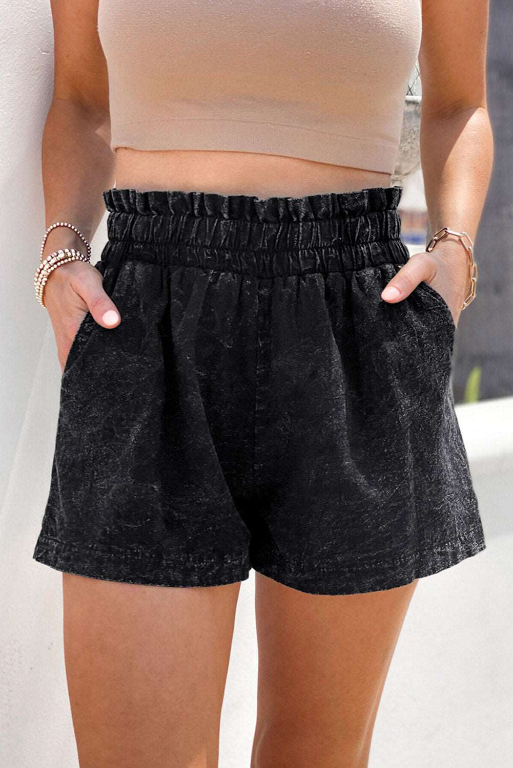 Black Bleached Casual Frill Elastic High Waist Pocket Denim Shorts - Bellisima Clothing Collective