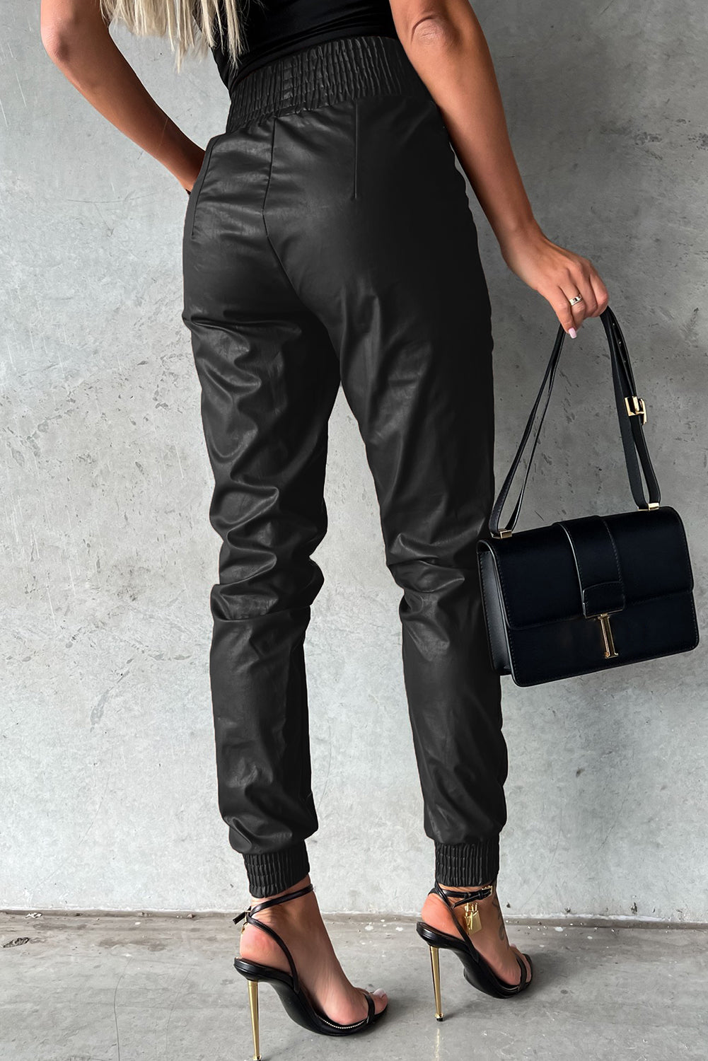 Black Smocked High Waist Leather Skinny Pants - Bellisima Clothing Collective