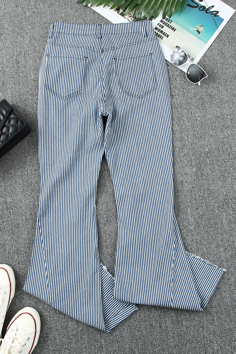 Light Blue Striped Mid Rise Bell Bottoms - Bellisima Clothing Collective