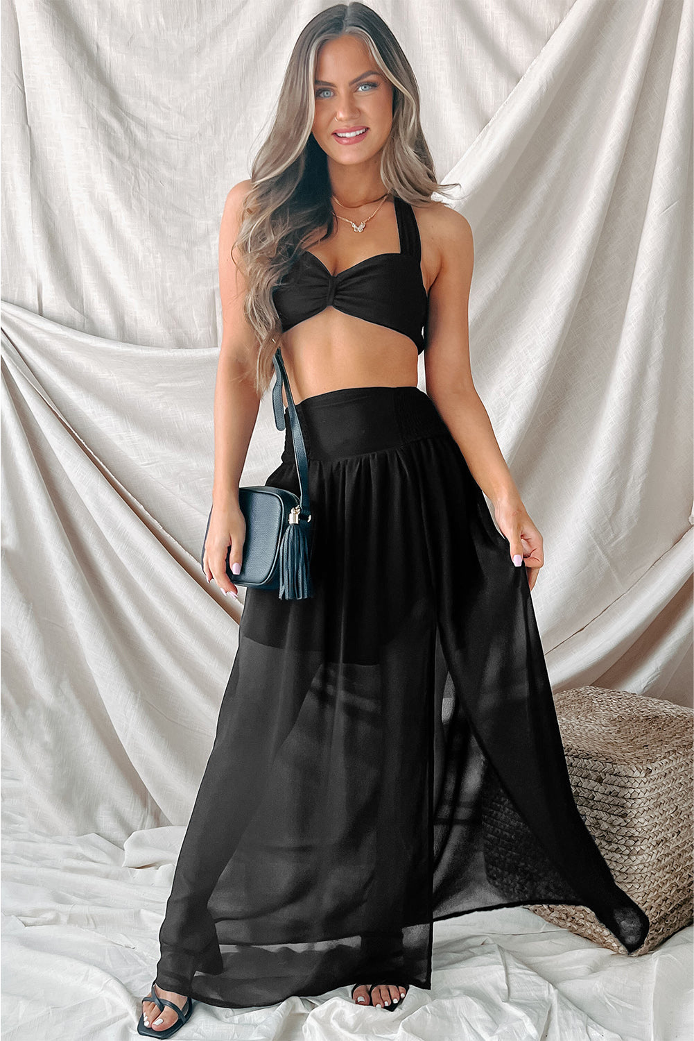 Black Shirred High Waist Chiffon Split Beach Maxi Skirt - Bellisima Clothing Collective