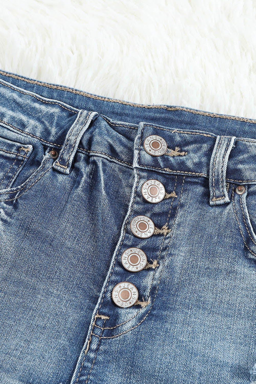 Light Blue Button Fly Distressed High Rise Denim Shorts - Bellisima Clothing Collective