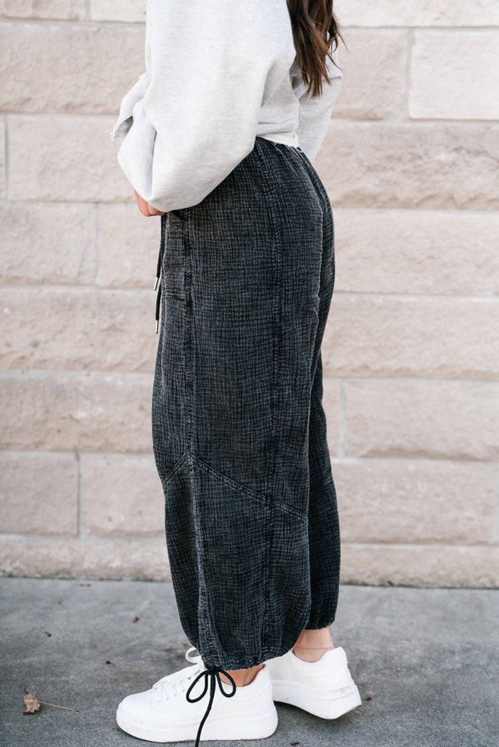 Black Mineral Washed Textured Cargo Pockets Drawstring Hem Pants - Bellisima Clothing Collective