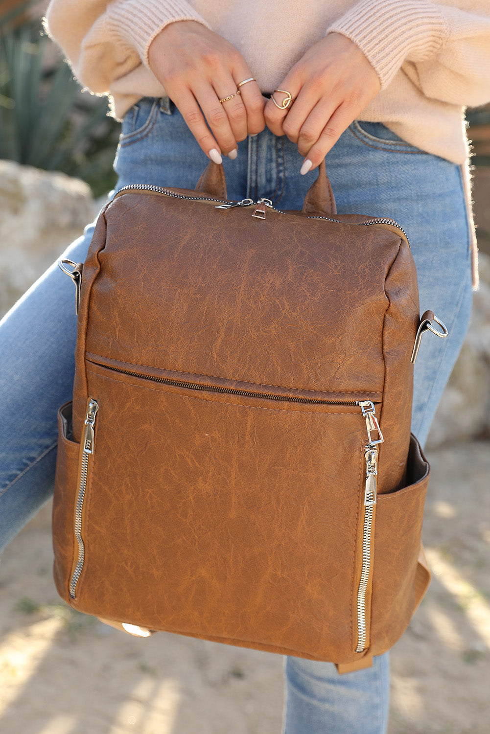 Chestnut Vintage Leather Large Zipper Backpack - Bellisima Clothing Collective