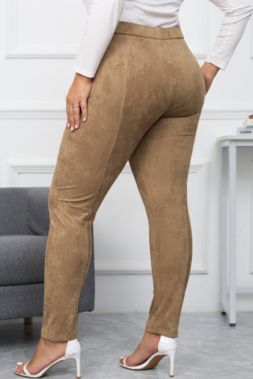 Camel Plus Size High Rise Faux Suede Skinny Pants - Bellisima Clothing Collective