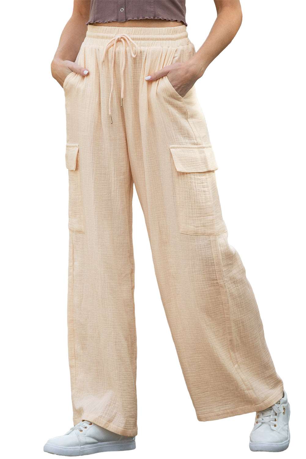 Apricot Loose Drawstring High Waist Crinkled Cargo Pants - Bellisima Clothing Collective