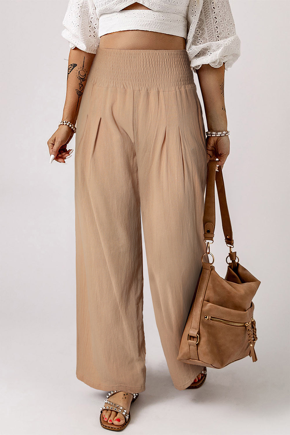 Khaki Smocked Wide Waistband High Waist Wide Leg Pants - Bellisima Clothing Collective