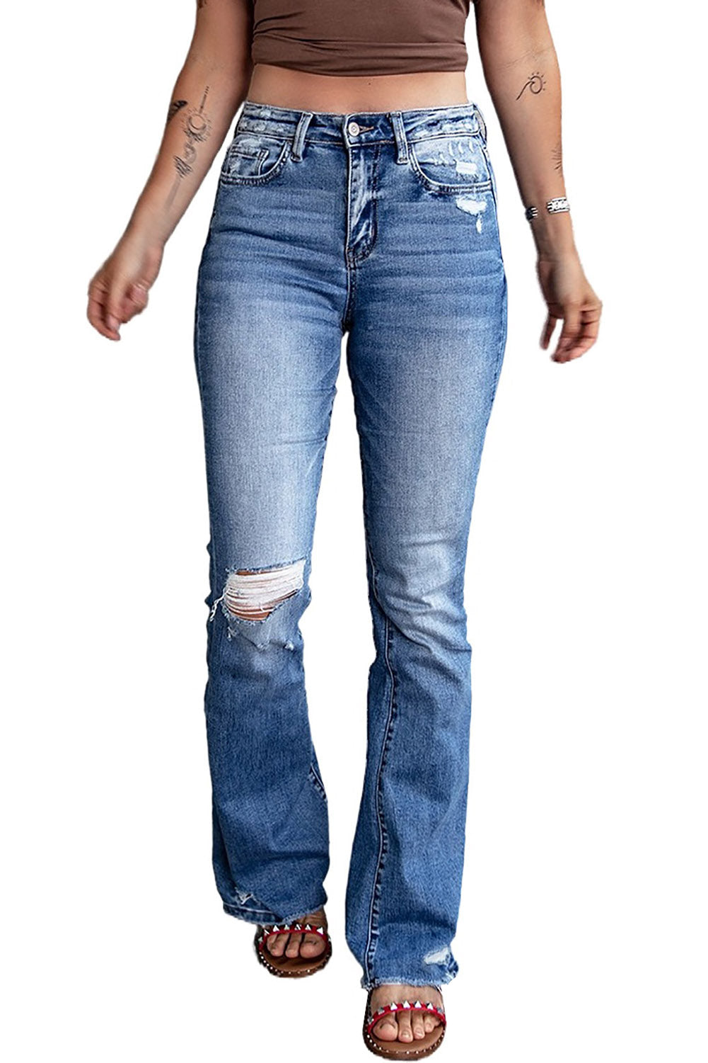 Dark Blue Ripped Raw Hem High Waist Flare Jeans - Bellisima Clothing Collective