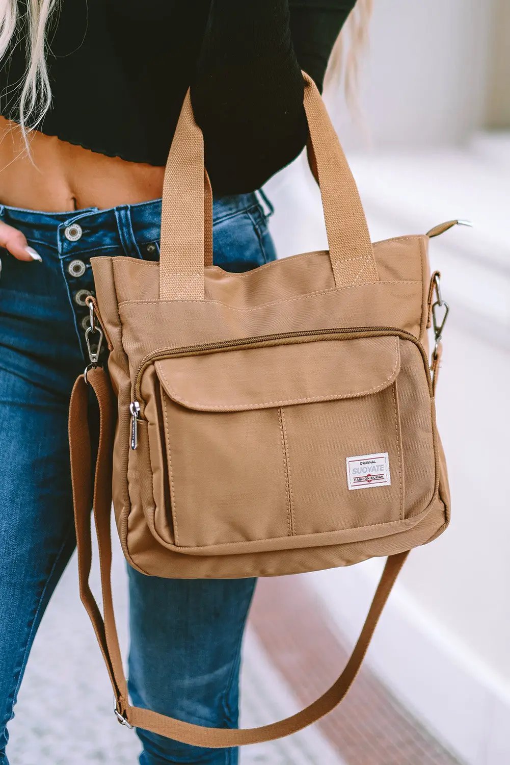 Light Beige Multi Pockets Zipped Large Canvas Shoulder Bag - Bellisima Clothing Collective